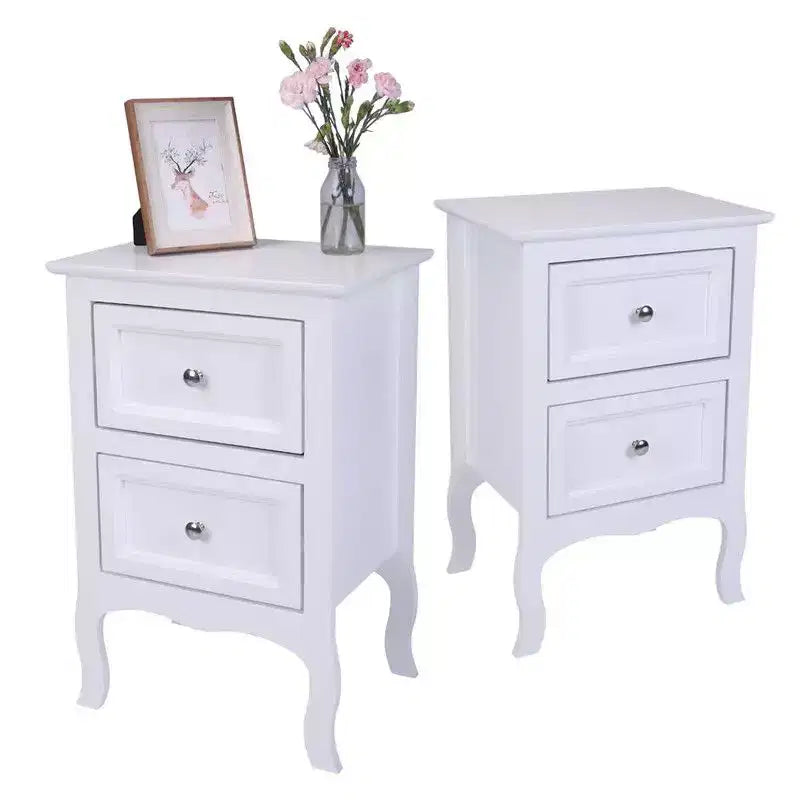 Comodino bianco in MDF con 2 cassetti, set da 2