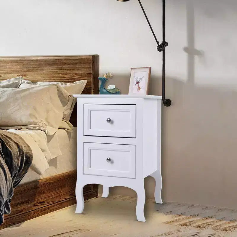 Comodino bianco in MDF con 2 cassetti, set da 2