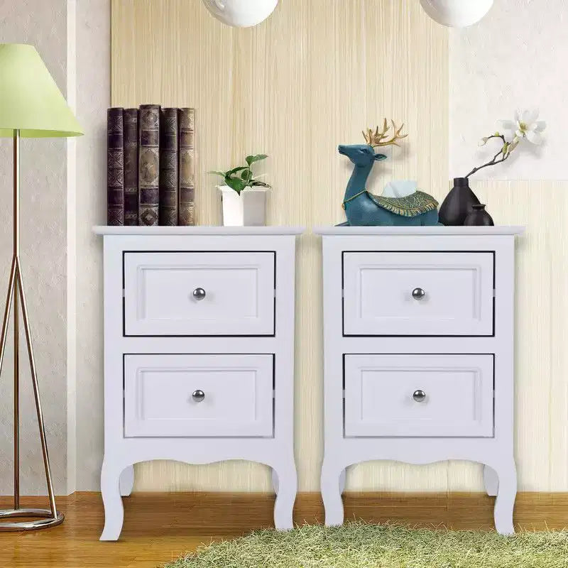 Comodino bianco in MDF con 2 cassetti, set da 2