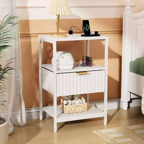 Karl Home 15 Inches Wide Nightstand - 1 Drawer, 2 Shelves, US Power Outlet