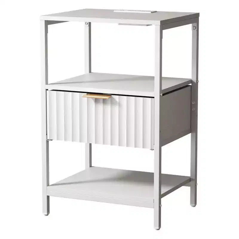 Comodino da 38 cm con 1 cassetto, 2 ripiani e presa di corrente USA