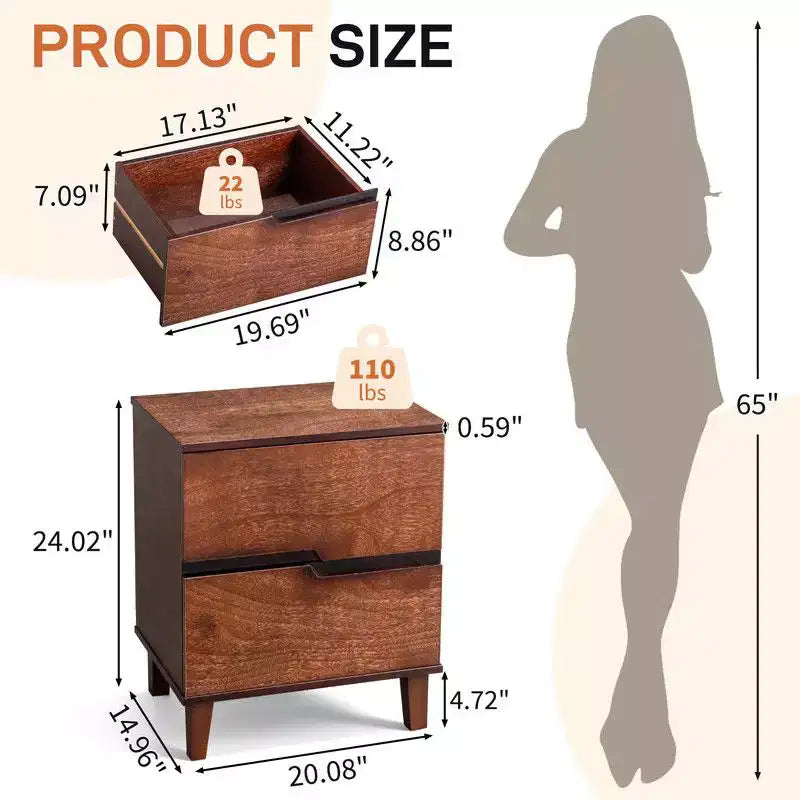 Comodino Marrone in MDF con 2 Cassetti – 51 cm