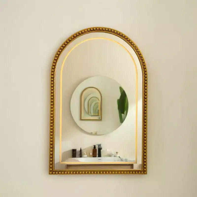 20 Beaded Arch Decorative Wall Mirror with LED Lighting, Retro Vanity Mirror with 3 Color Modes for Bathroom or Entryway-Panipeachy