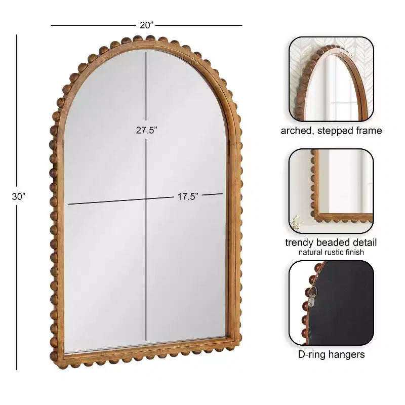 Specchio da parete ad arco con cornice in legno perlinato, Marrone rustico, 20x30
