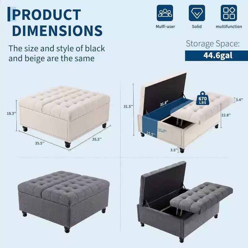 Grande pouf contenitore quadrato con piano sollevabile