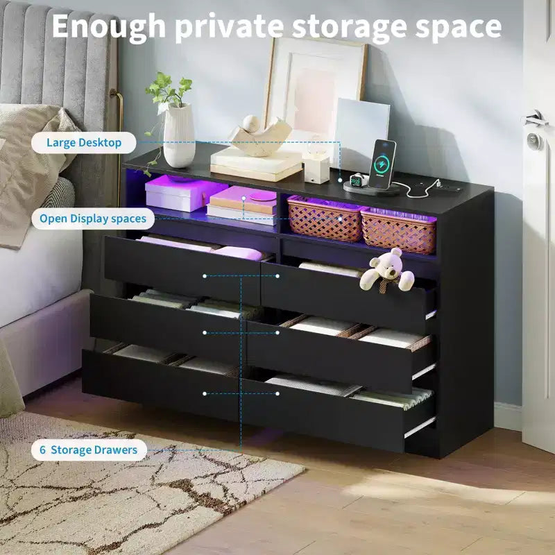 Cassettiera a 6 cassetti con illuminazione LED alla base e porte di ricarica integrate – Set da 2