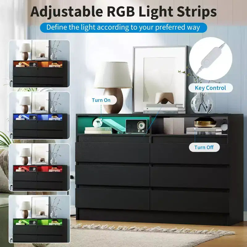 Cassettiera a 6 cassetti con illuminazione LED alla base e porte di ricarica integrate – Set da 2