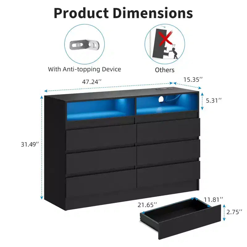 Cassettiera a 6 cassetti con illuminazione LED alla base e porte di ricarica integrate – Set da 2