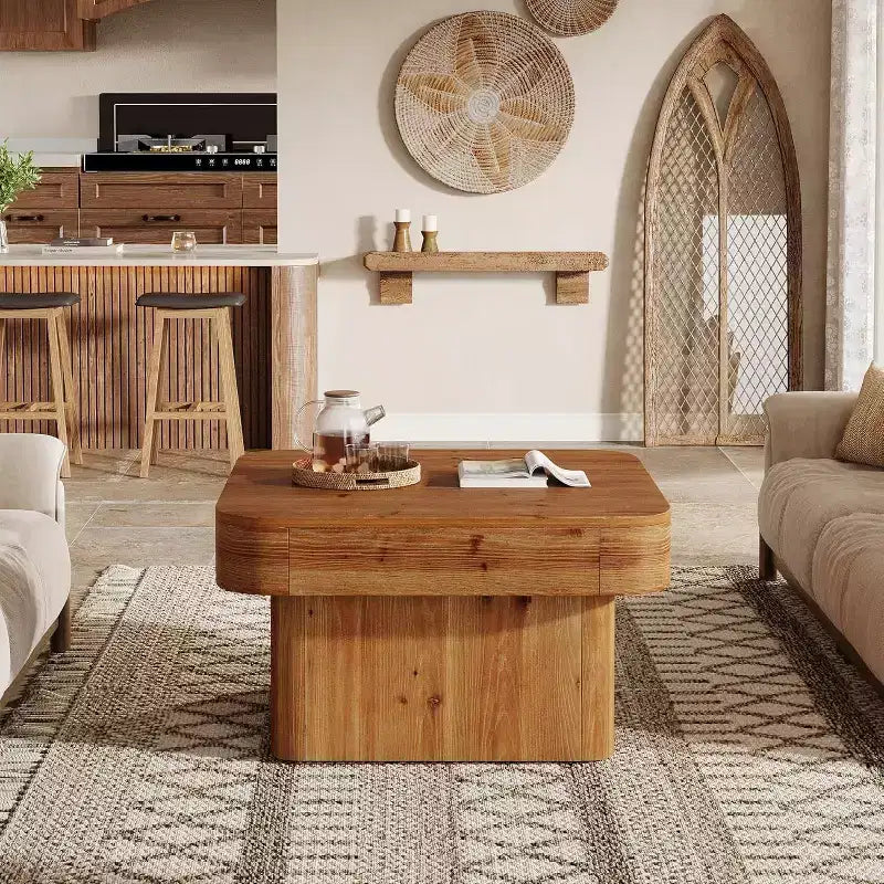 Tavolino da caffè quadrato da 31,5" in legno massiccio – Stile rustico, marrone anticato