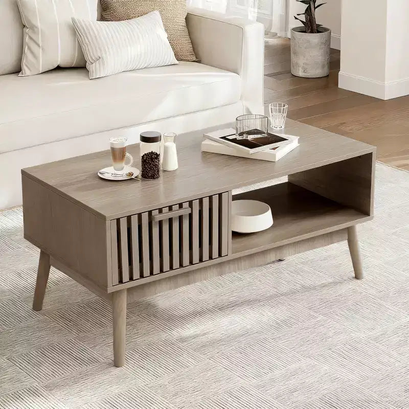 Coffee Table with Storage Drawer - 39.4 Fluted Rectangular Wood Center Table for Living Room - 2-Tier Boho Coffee Table with Open Shelf & Wood Legs