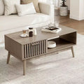Coffee Table with Storage Drawer - 39.4 Fluted Rectangular Wood Center Table for Living Room - 2-Tier Boho Coffee Table with Open Shelf & Wood Legs