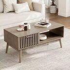 Coffee Table with Storage Drawer - 39.4 Fluted Rectangular Wood Center Table for Living Room - 2-Tier Boho Coffee Table with Open Shelf & Wood Legs