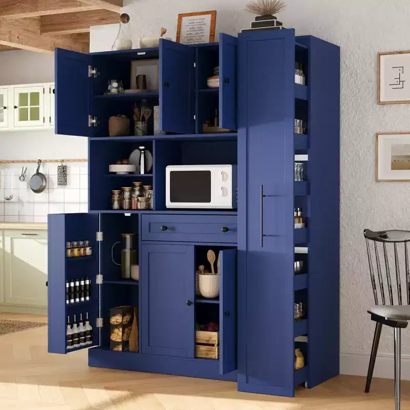Farmhouse Kitchen Pantry Cabinet with Hutch, Tall Kitchen Storage Cabinet with Pull-Out Side Cabinet, Freestanding Cupboard with Door Shelves