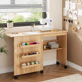Space-Saving Folding Sewing Machine Table Cabinet, Multipurpose Craft Station w/ Lockable Wheels, Storage Shelves, Pegs & Magnetic Locks
