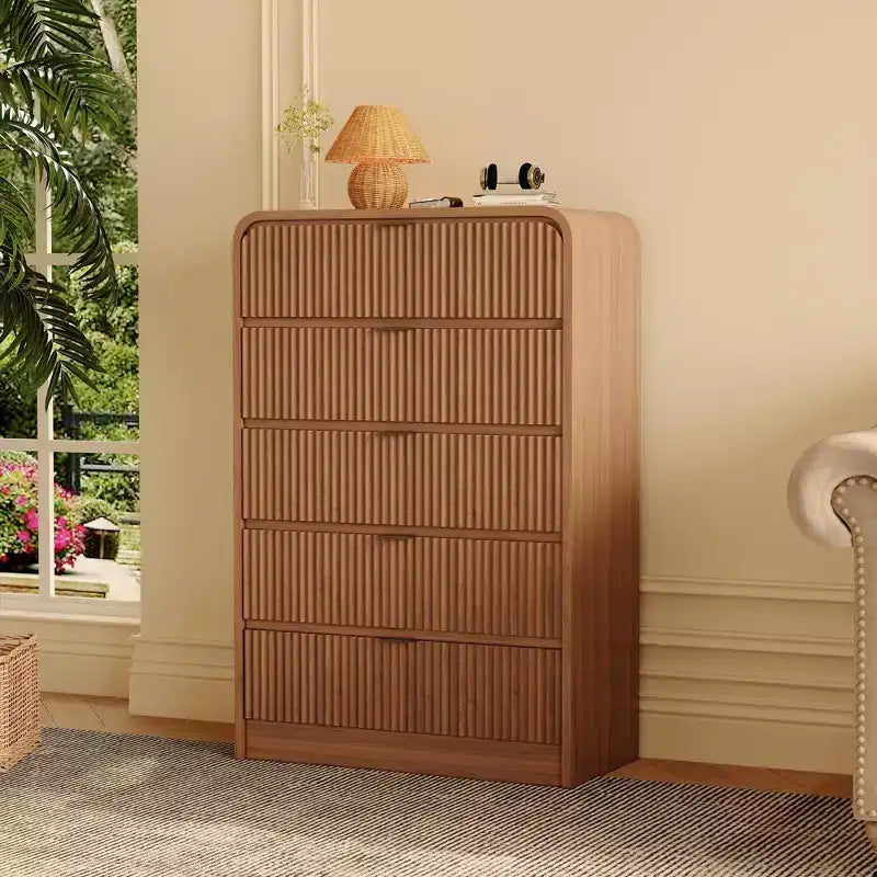 Fluted 5-Drawer Tall Dresser, Modern Bedroom Chest with Rounded Edges, Wood Finish Storage Furniture for Bedroom, Living Room & Hallway