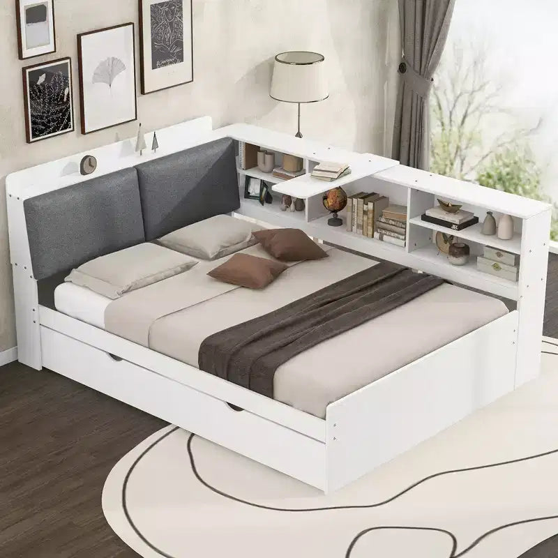 Letto a Piattaforma Matrimoniale con Testiera Contenitore, Mensole e Letto Estraibile
