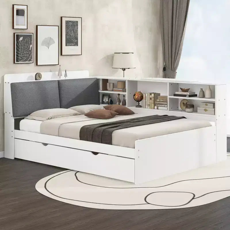 Letto a Piattaforma Matrimoniale con Testiera Contenitore, Mensole e Letto Estraibile