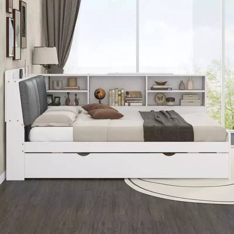 Letto a Piattaforma Matrimoniale con Testiera Contenitore, Mensole e Letto Estraibile