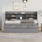 FAMYYT Twin Size Wooden Captain Bed?With Built-in Bookshelves, Three Storage Drawers and Trundle, Easy Assembly