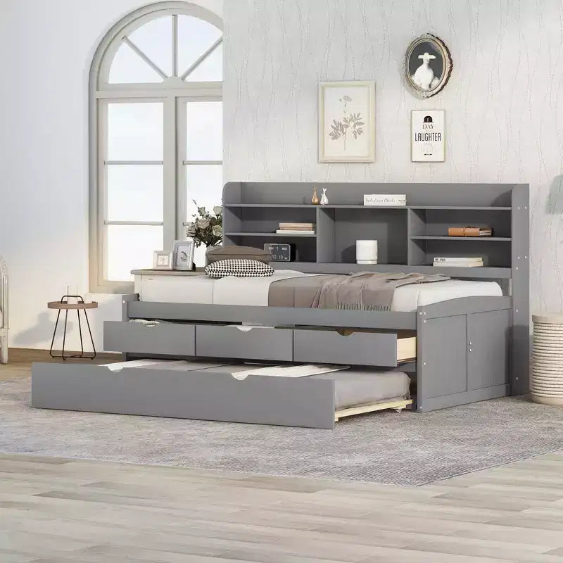 Letto a una piazza e mezza in legno "Captain" con cassetti portaoggetti, librerie e letto estraibile