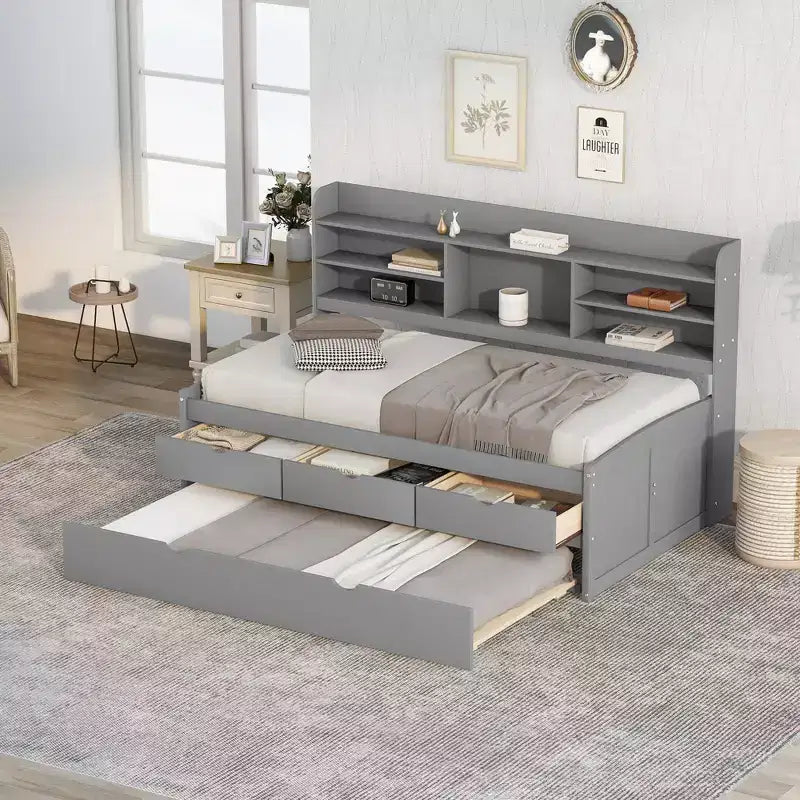Letto a una piazza e mezza in legno "Captain" con cassetti portaoggetti, librerie e letto estraibile
