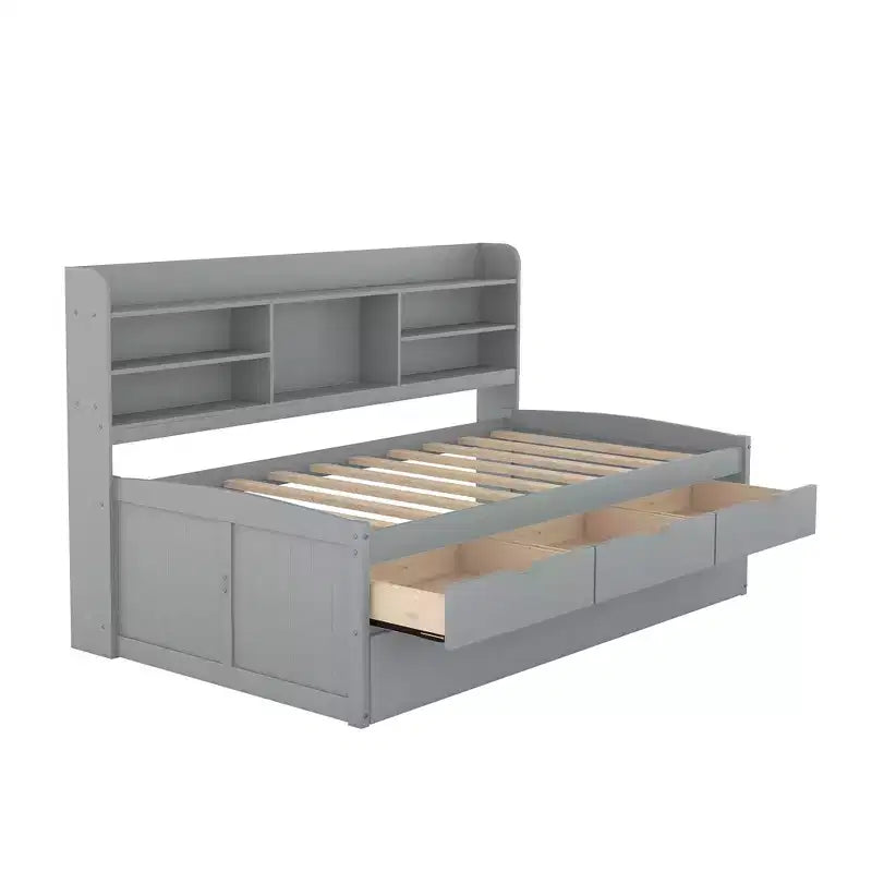 Letto a una piazza e mezza in legno "Captain" con cassetti portaoggetti, librerie e letto estraibile