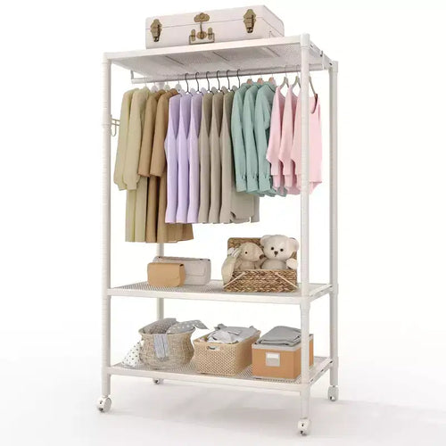 Heavy Duty Rolling Clothes Rack, 3-Tier Adjustable Garment Racks with Rods and Side Hooks, Freestanding Storage Closet Clothing Rack with Wheels