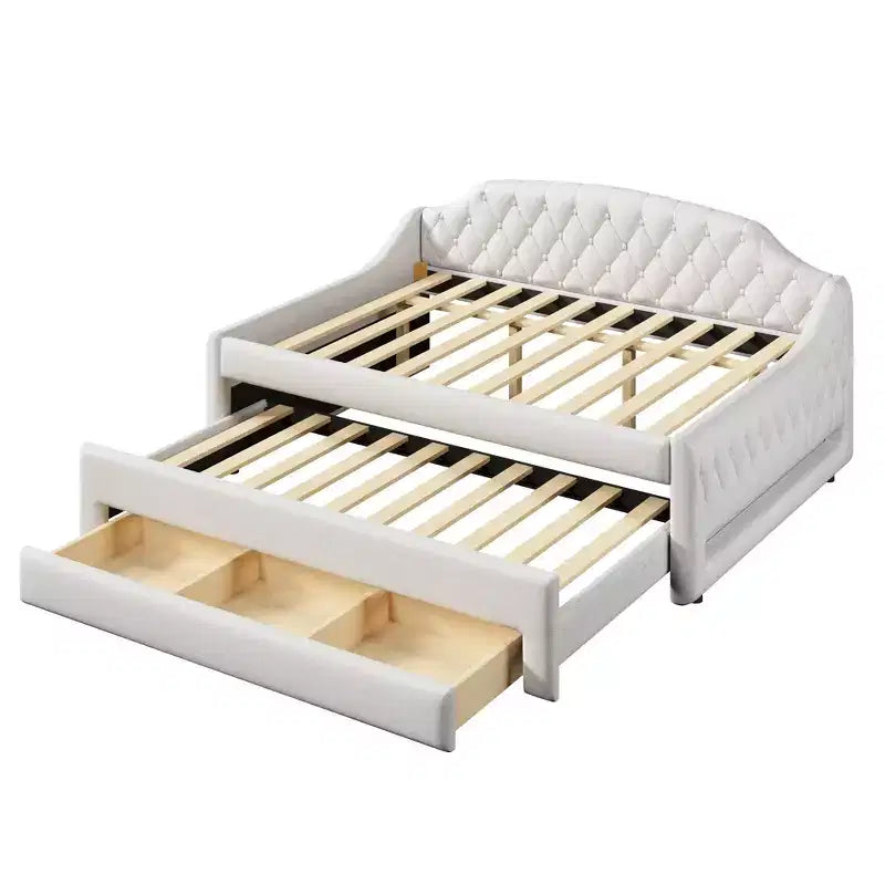 Letto a una piazza e mezza imbottito con cassetti portaoggetti, letto estraibile e luci LED