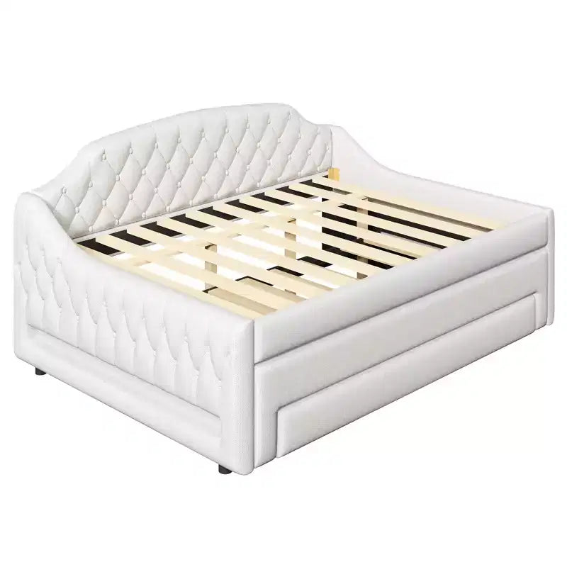Letto a una piazza e mezza imbottito con cassetti portaoggetti, letto estraibile e luci LED