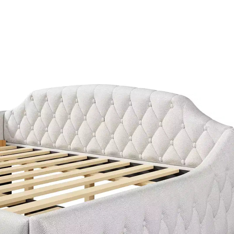 Letto a una piazza e mezza imbottito con cassetti portaoggetti, letto estraibile e luci LED