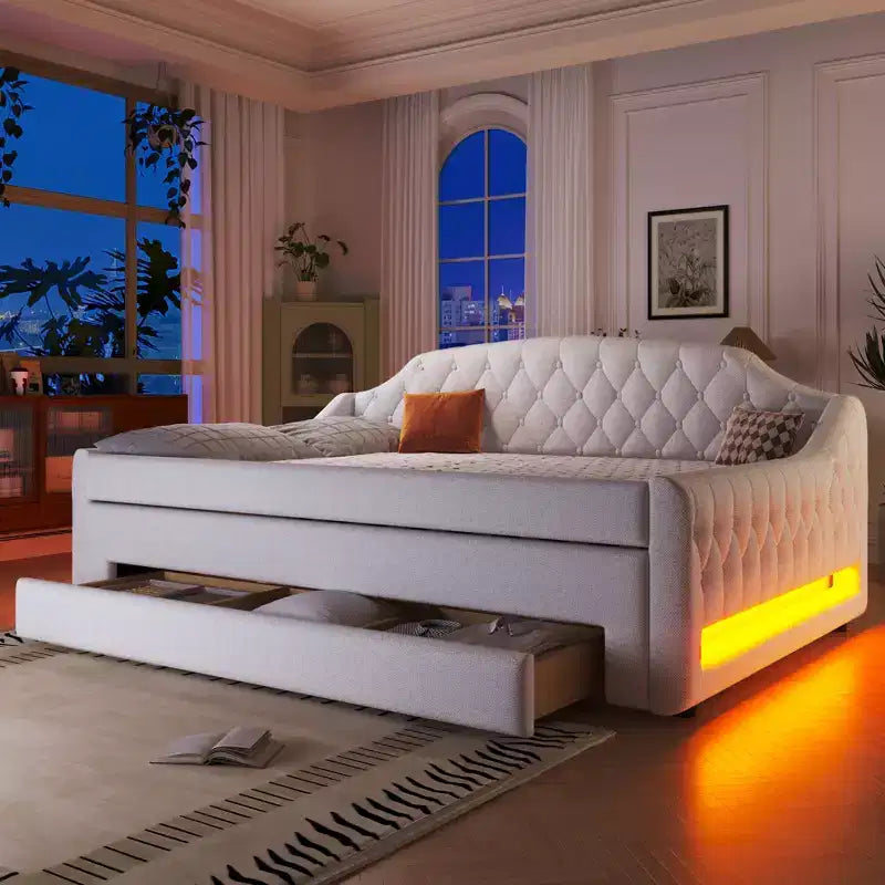 Letto a una piazza e mezza imbottito con cassetti portaoggetti, letto estraibile e luci LED
