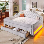 Letto a una piazza e mezza imbottito con cassetti portaoggetti, letto estraibile e luci LED