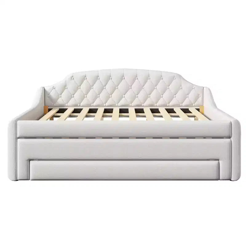 Letto a una piazza e mezza imbottito con cassetti portaoggetti, letto estraibile e luci LED