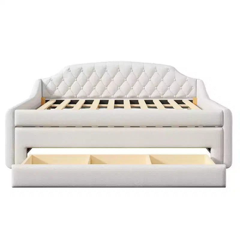Letto a una piazza e mezza imbottito con cassetti portaoggetti, letto estraibile e luci LED
