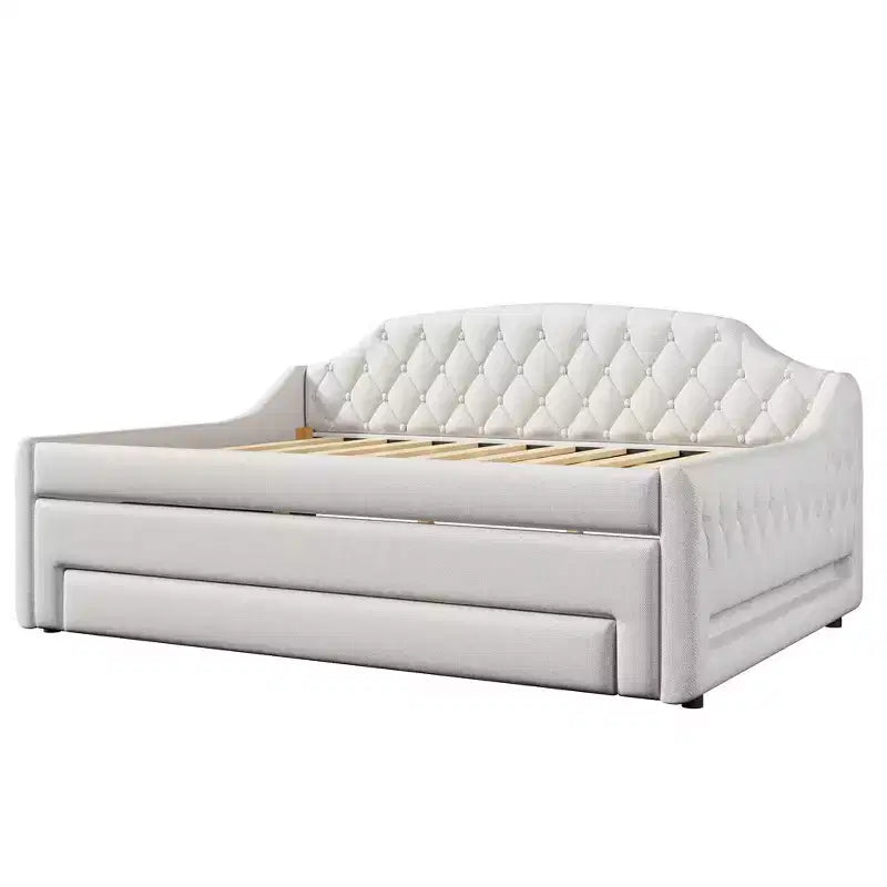 Letto a una piazza e mezza imbottito con cassetti portaoggetti, letto estraibile e luci LED