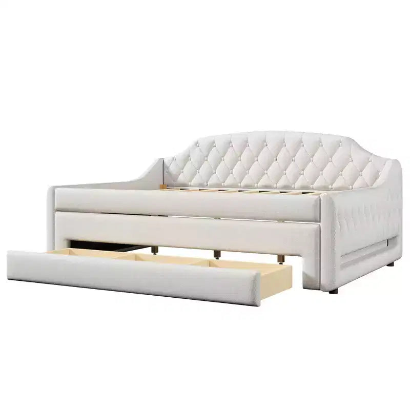 Letto a una piazza e mezza imbottito con cassetti portaoggetti, letto estraibile e luci LED