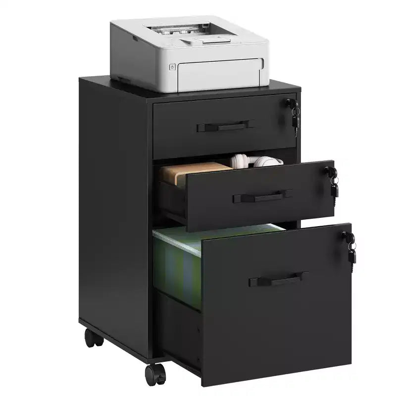 VASAGLE Mobile File Cabinet, 3 Drawers with Wheels, for A4, Letter Sized Documents, Adjustable Hanging Rail for File Folders, Lockable, Ink Black