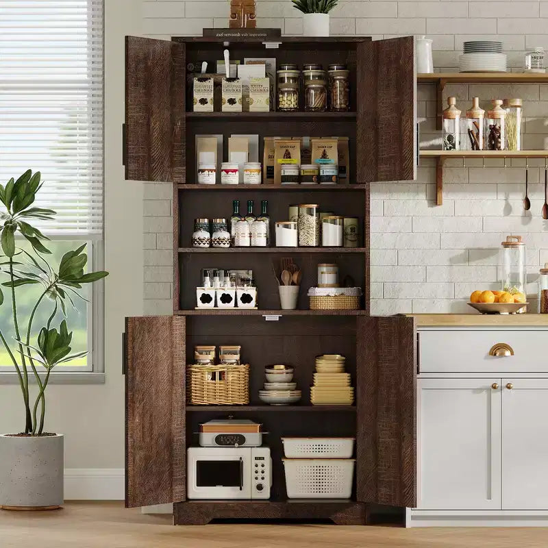 Armadio alto con ante in vetro, ripiani regolabili e cassetto, mobiletto a colonna indipendente anti-ribaltamento per bagno, cucina, soggiorno