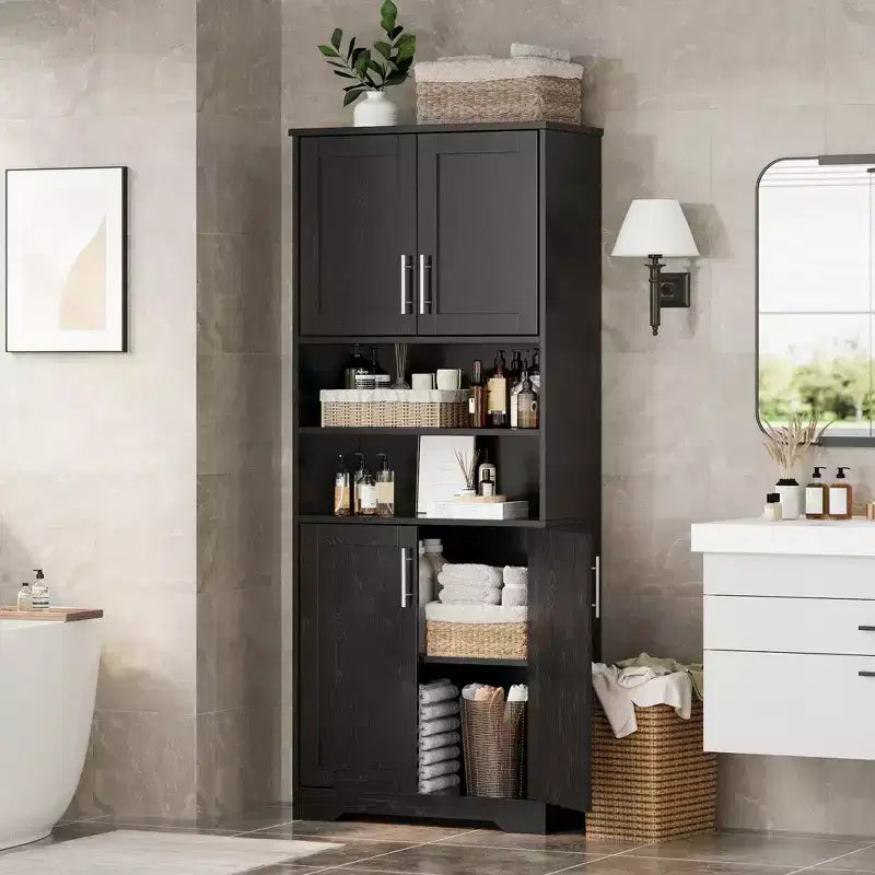 Armadio alto con ante in vetro, ripiani regolabili e cassetto, mobiletto a colonna indipendente anti-ribaltamento per bagno, cucina, soggiorno