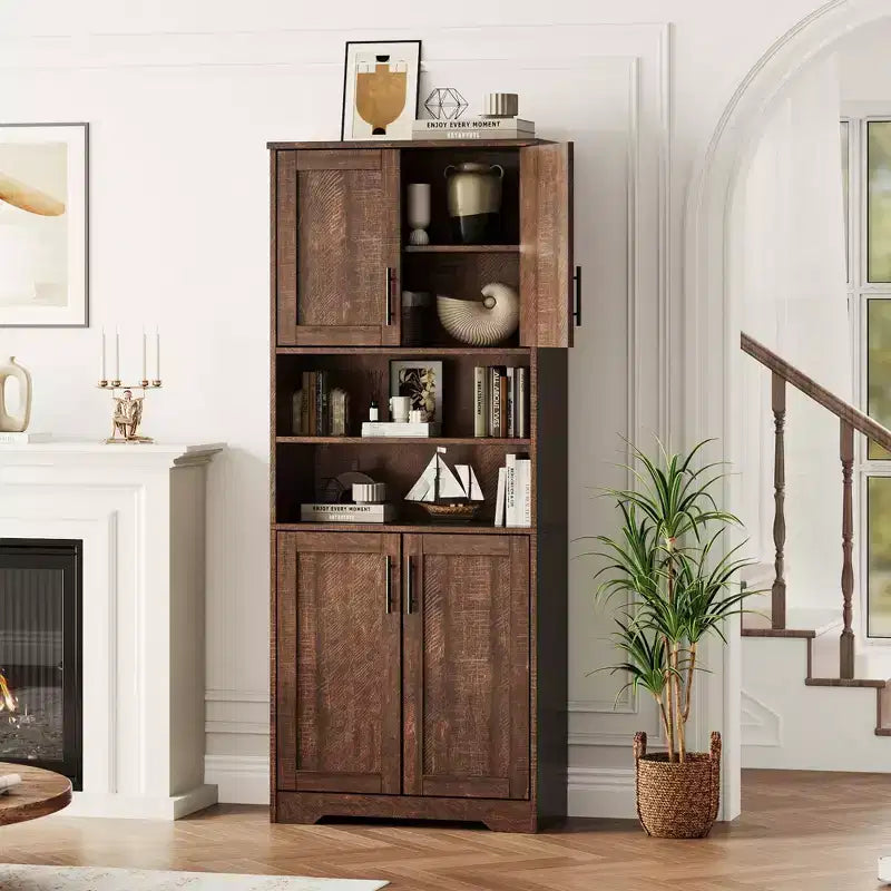 Armadio alto con ante in vetro, ripiani regolabili e cassetto, mobiletto a colonna indipendente anti-ribaltamento per bagno, cucina, soggiorno