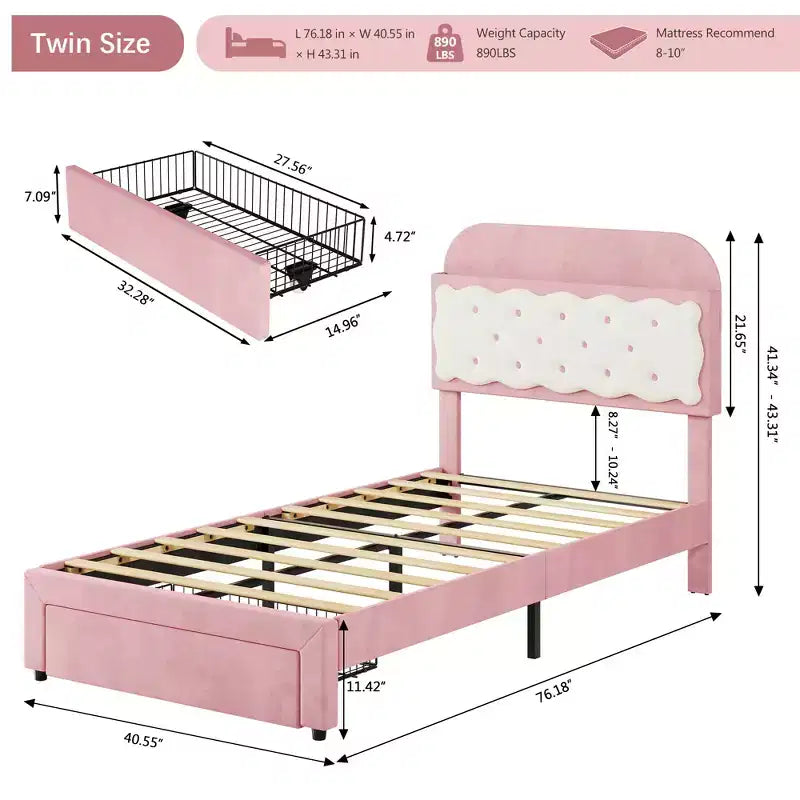 Letto a piattaforma singolo in velluto con testiera contenitore