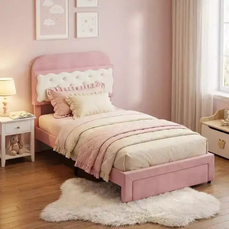 Letto a piattaforma singolo in velluto con testiera contenitore