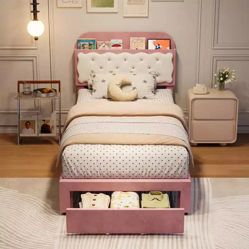 Letto a piattaforma singolo in velluto con testiera contenitore