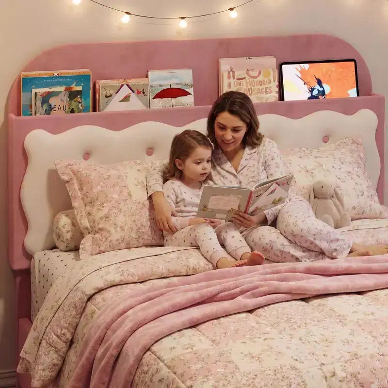 Letto a piattaforma singolo in velluto con testiera contenitore