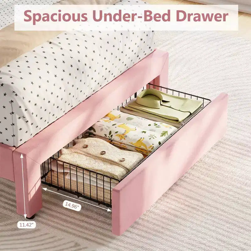 Letto a piattaforma singolo in velluto con testiera contenitore