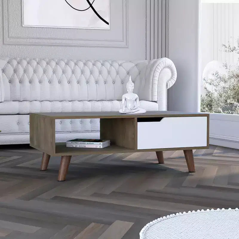 Oslo Coffee Table 2.0, Four Stylish Legs One Drawer Open Shelf Superior Top Living Room Storage Table