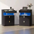 DEXYLLO LED Nighstand Set of 2 with Charging Station, Night Stands Sets with Sliding Top, Bedside Tables with Drawers