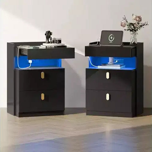 DEXYLLO LED Nighstand Set of 2 with Charging Station, Night Stands Sets with Sliding Top, Bedside Tables with Drawers