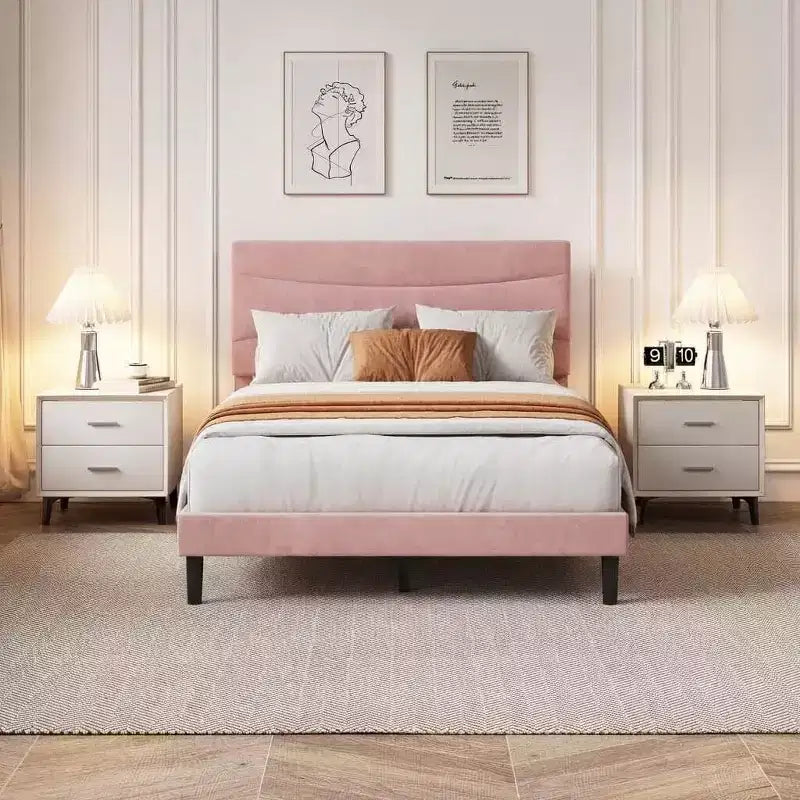 GustoWave Upholstered Velvet Bed Frame with Headboard No Box Spring Needed, Noise-Free