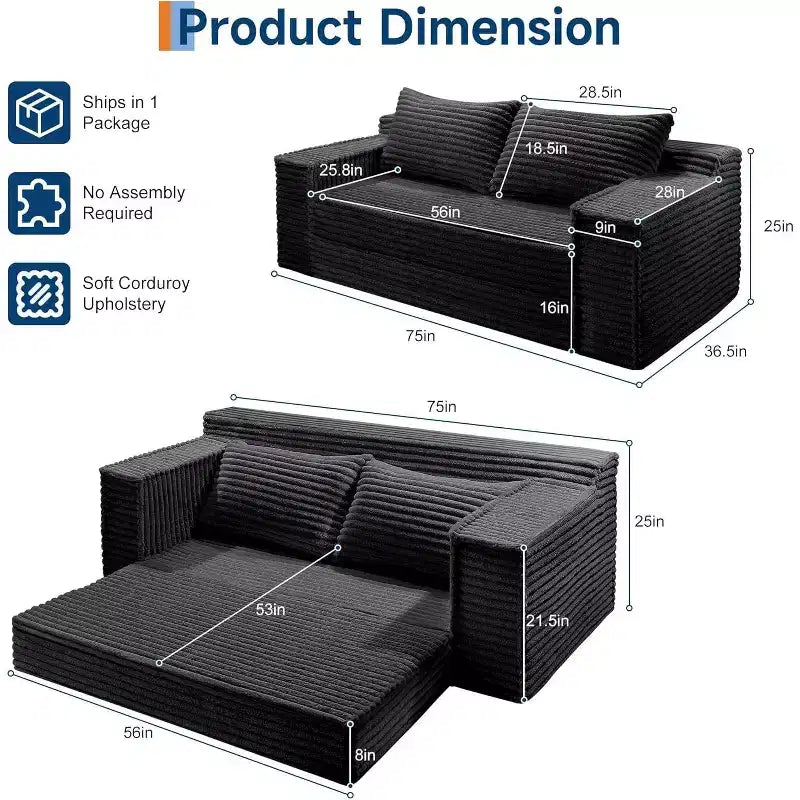 Divano Letto Convertibile con 2 Cuscini – Divano Letto Pieghevole 2-in-1, Nessun Montaggio Richiesto